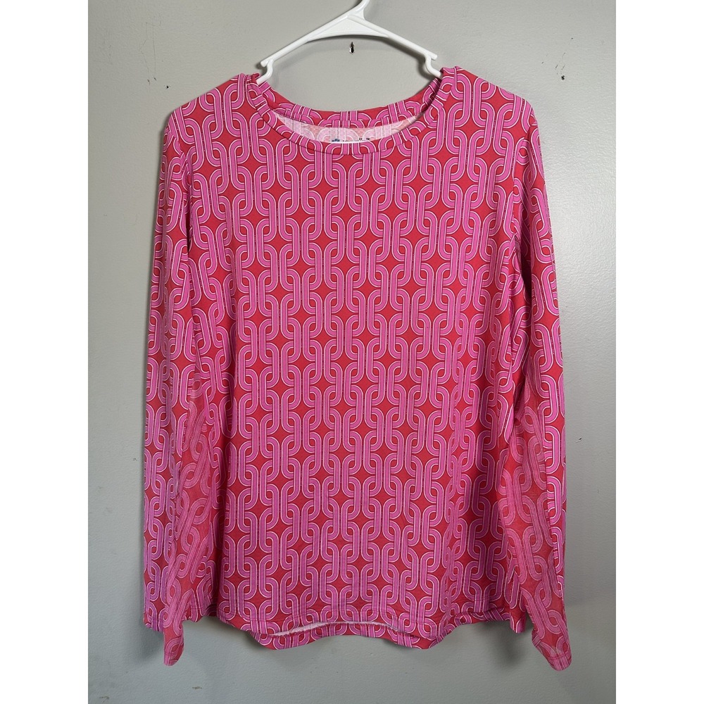Ibkul XL Pullover Top Pink Chain Print Crew Neck Long Sleeve Womens Lightweight